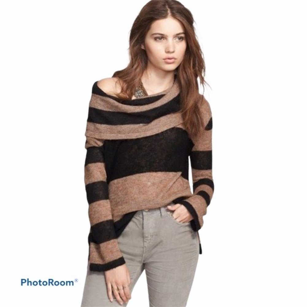 Free People Brown Lulu Rugby Stripe Cowl Neck Sweater - Picture 3 of 11